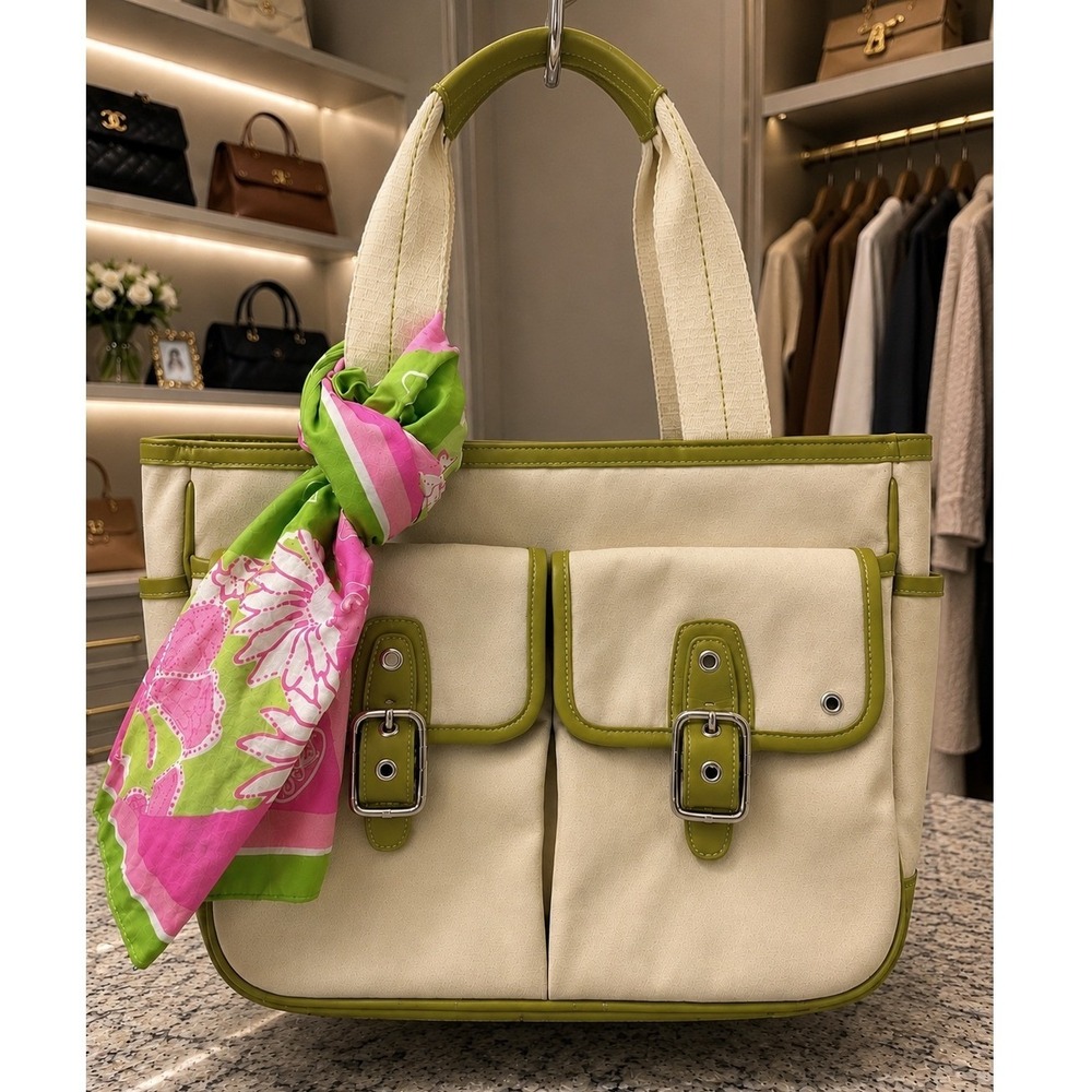 Coach 6734 Rare Vintage Hampton Garden Tote Ivory Green Canvas Leather Y2K Bag